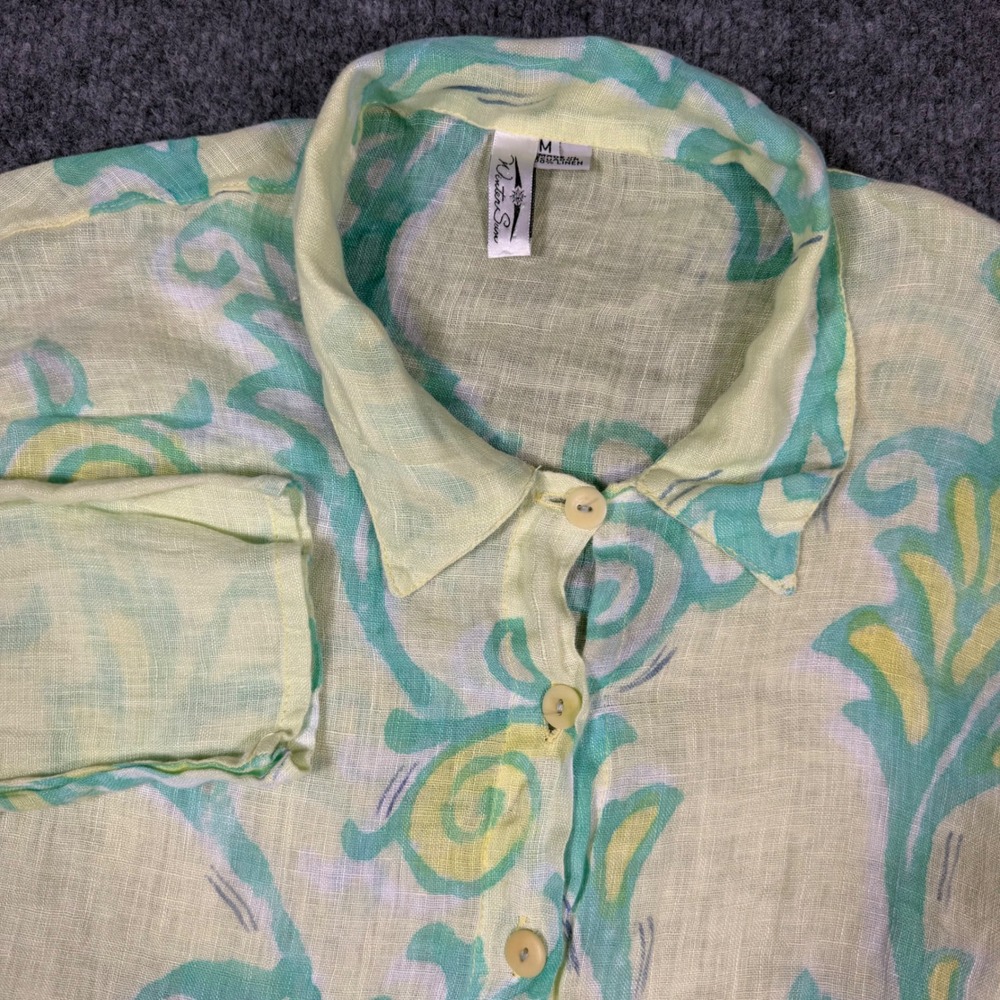 Winter Sun Button‎ Up Tunic Paisley Womens M Yellow Green 100% Linen Salvador